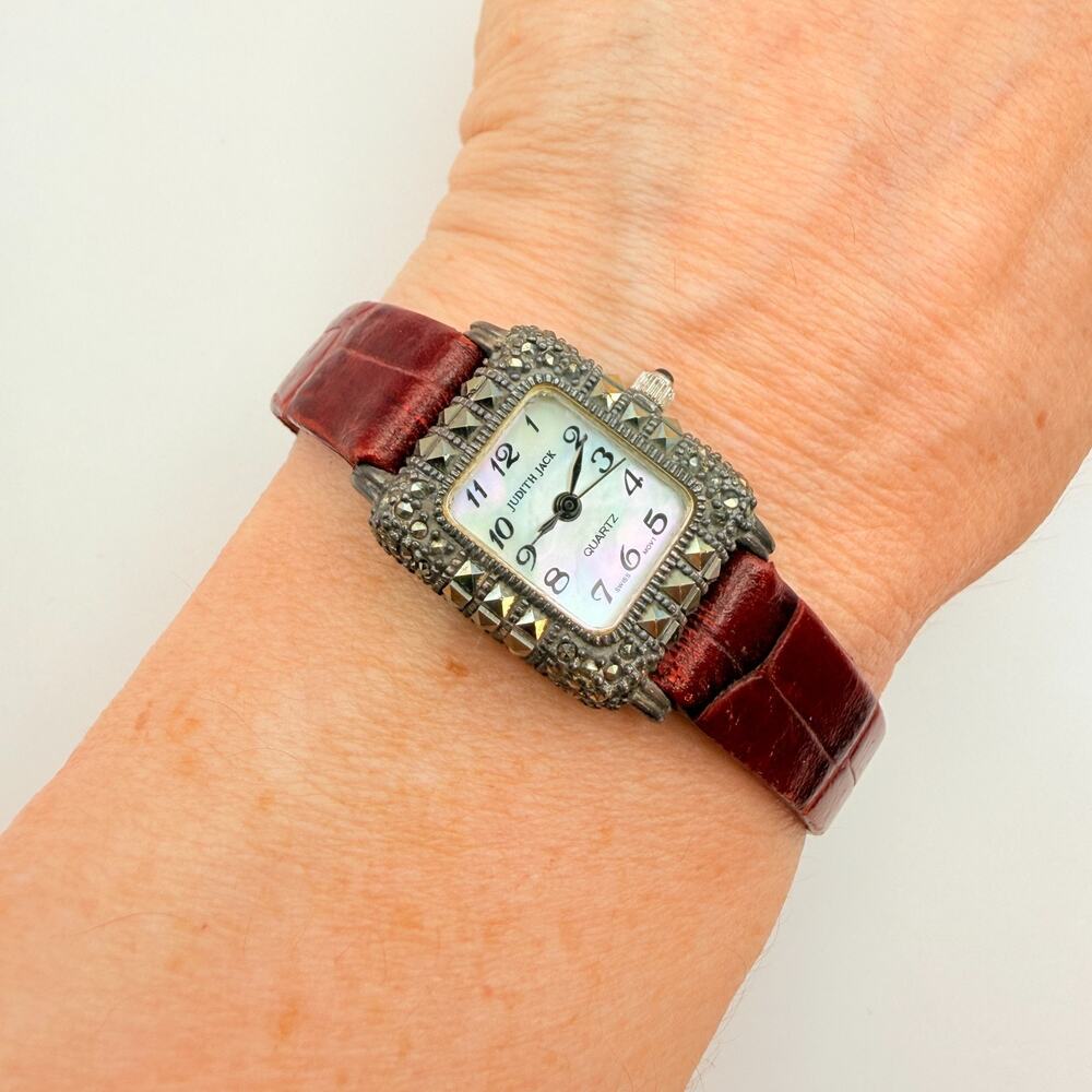 Judith Jack Sterling Silver Marcasite Quartz Watch Womens Vintage Croc Leather
